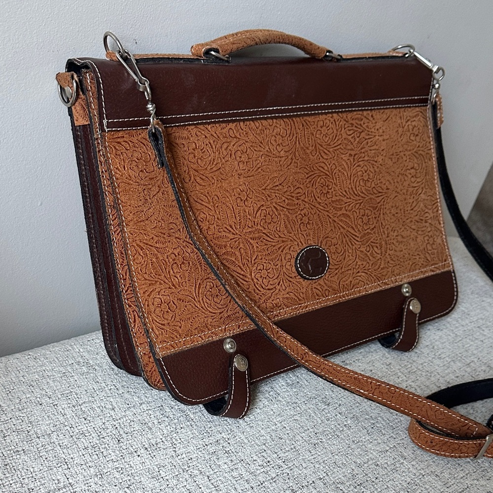 Gorgeous Vintage, Hand-Made Leather Embossed Floral Tote/Messenger Bag